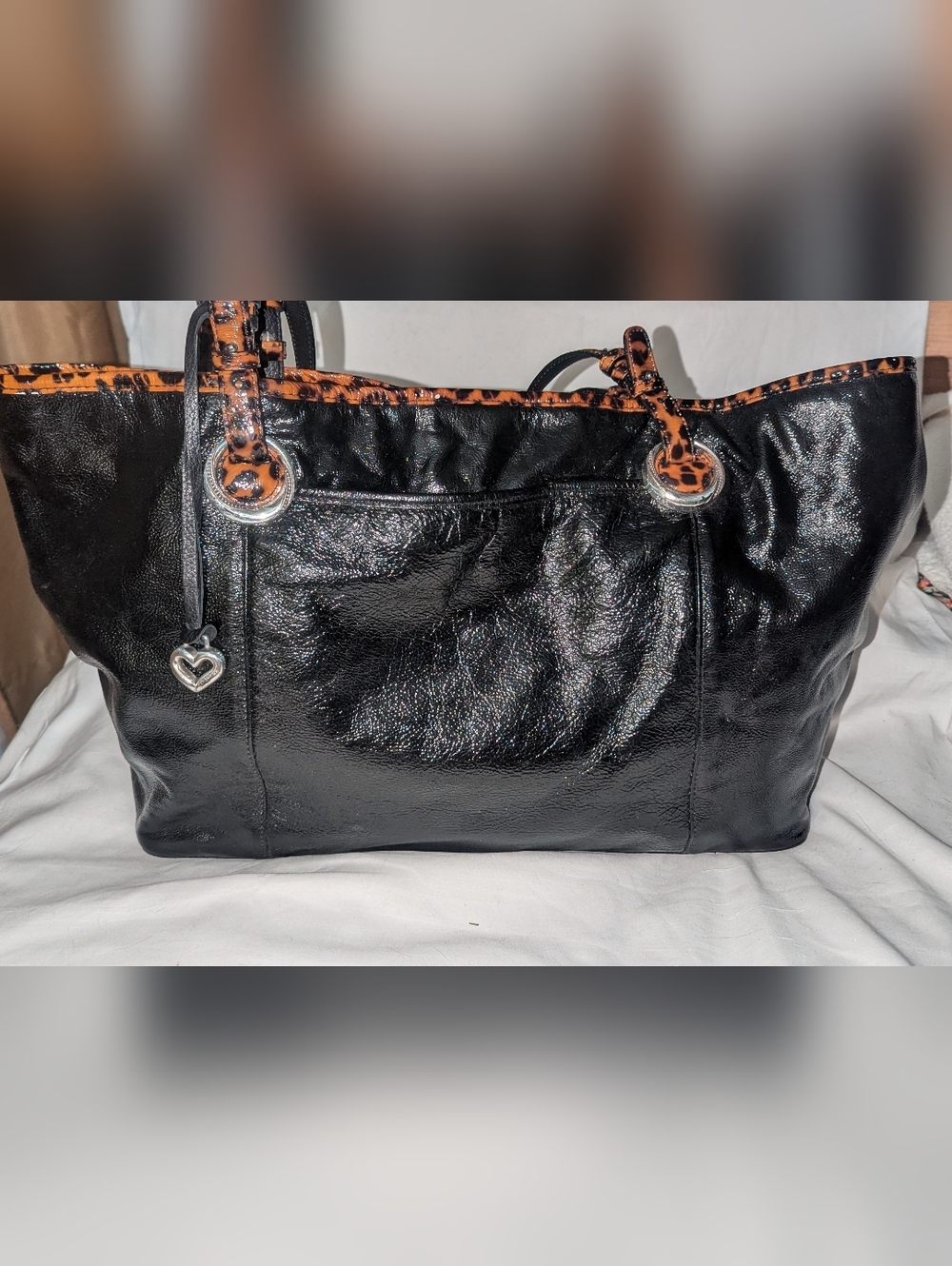 Brighton Crinkled Patent Leather Black Tote with Leopard Print Heart Charm